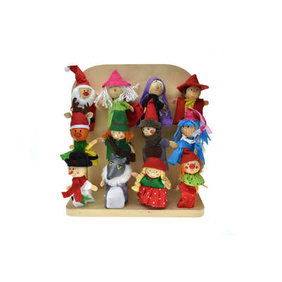 WOODEN FINGER PUPPET 12 ASSORTED WITH STAND