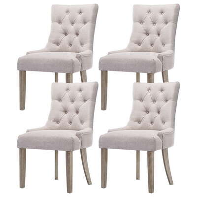 Set of 4 French Provincial Dining Chairs in Beige Linen  Elegant Vintage