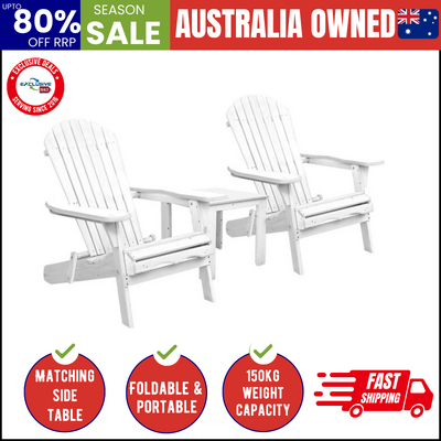 3 Piece Outdoor Adirondack Beach Chair and Table Set - White