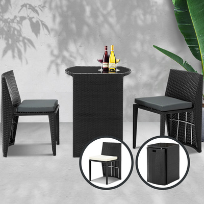 3 Piece PE Wicker Outdoor Table and Chair Set - Black