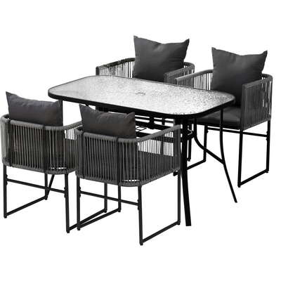  5PCS Outdoor Dining Set Table and Chairs Rope Patio Furniture Garden Black