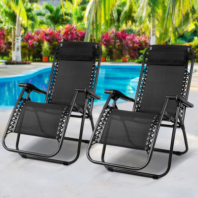 Zero Gravity Chairs 2PC Reclining Outdoor Furniture Sun Lounge Folding Camping Lounger Black
