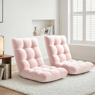 2-Piece Floor Lounge Sofa Bed Pink Flannel Fabric Foldable Couch