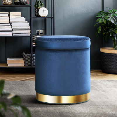 Round Velvet Foot Stool Storage Ottoman Foot Rest Pouffe Padded Seat Bedroom [Colour: Navy]