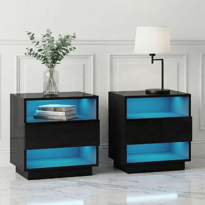 LED Bedside Tables 2 Pack Shelves Drawer | EXTG