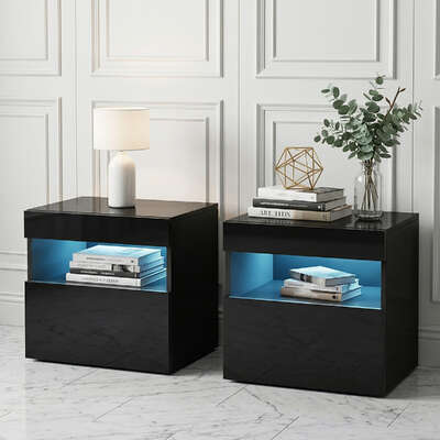 LED Bedside Tables 2-Pack Black Drawer Shelf | EXTG