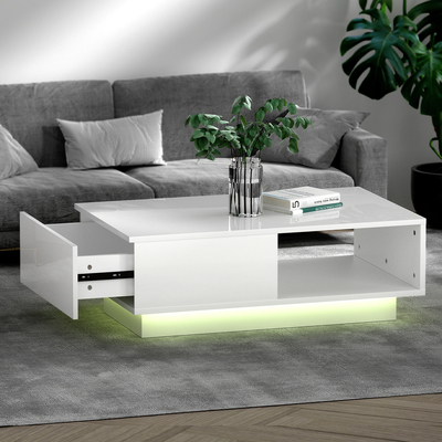 Coffee Table LED Lights High Gloss Storage Drawer Modern Furniture White