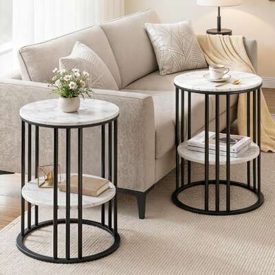 Round Marble Side Tables Set 2 Two-Tier | EXTG