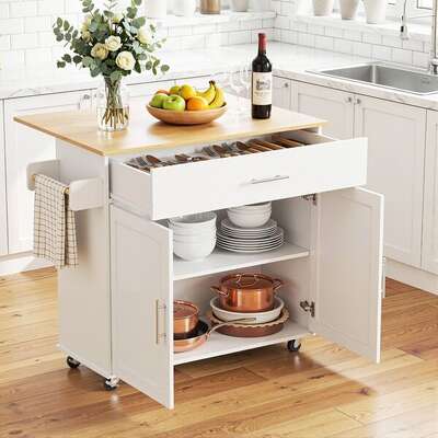Kitchen Island Trolley Rolling Cart 90cm White | EXTG