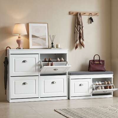 Shoe Cabinet Bench Set 24 Pairs Flip Drawer White | EXTG