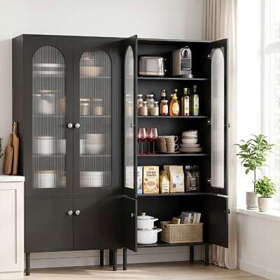 Fluted Buffet Sideboard Cabinet 5-Tier Black Set 2 | EXTG