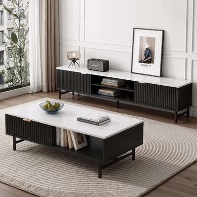TV Unit & Coffee Table Set Storage Shelf Black
