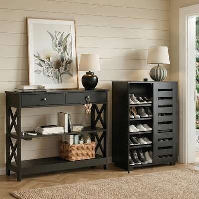 Shoe Cabinet Console Table Set Entryway Black | EXTG