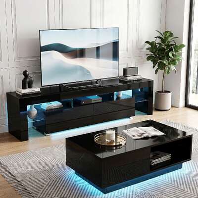 LED TV Unit Coffee Table Set Black 189cm | EXTG