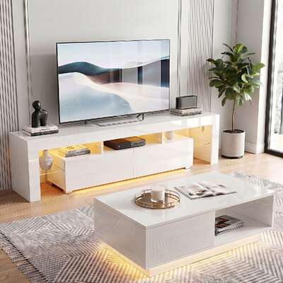 LED TV Unit Coffee Table Set White 189cm | EXTG