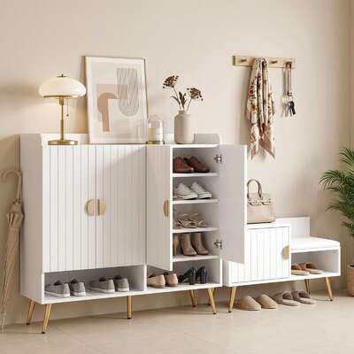 Shoe Cabinet Bench Set 30 Pairs Adjustable White | EXTG