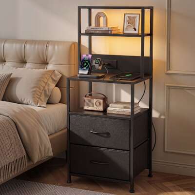 Tall Bedside Table Charging Station LED Drawers | EXTG