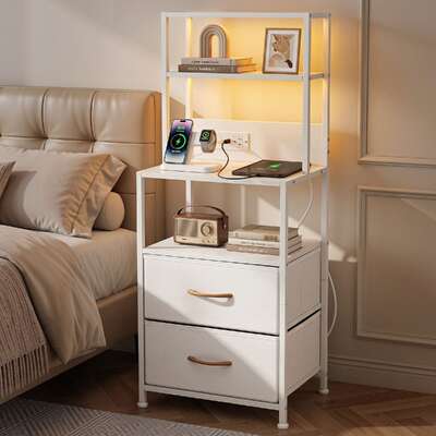 Tall Bedside Table Charging Station LED Drawers | EXTG