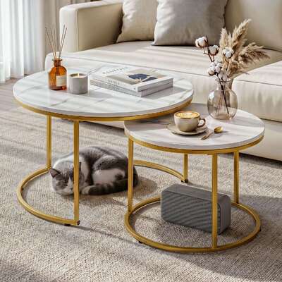 Nesting Coffee Tables Set 2 Marble Round Gold | EXTG