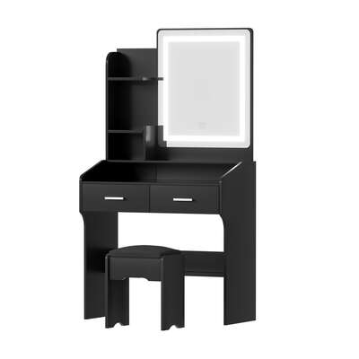 Elegant Black Dressing Table Set with LED Mirror and Comfortable Stool