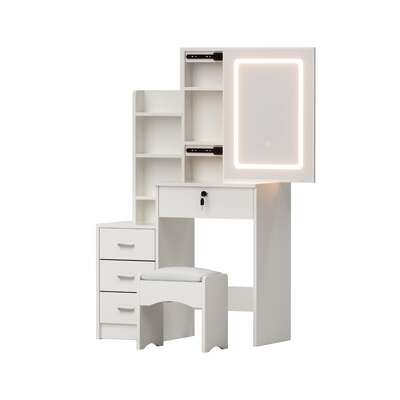Dressing Table Vanity Desk With Stool LED White Finish
