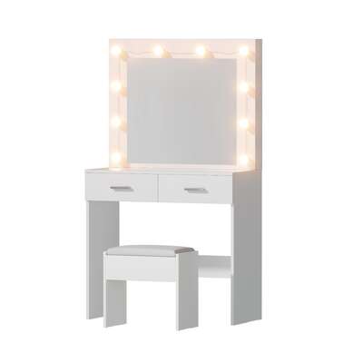 Dressing Table Vanity Desk With Stool 10 LED Bulbs White Finish
