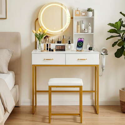 Vanity Desk Stool Set LED Mirror Charging Station | EXTG
