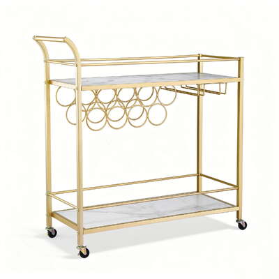 Bar Cart Drinks Trolley With Wine Rack Glass Holder Marble Top 85cm Gold Finish