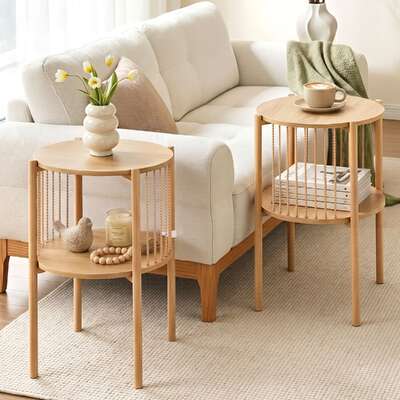 Round Side Tables 2-Tier Set of 2 Pine | EXTG