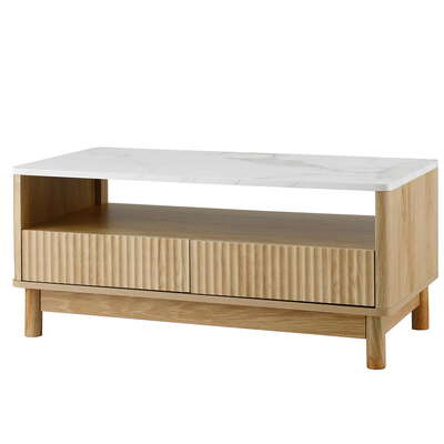Coffee Table With Drawer and Shelf Marble Effect Wood and White Finish
