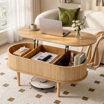 Lift Top Coffee Table Fluted Hidden Storage 100cm | EXTG