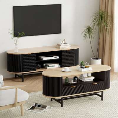 TV Unit Coffee Table Set Drawers Shelves Black Pine | EXTG
