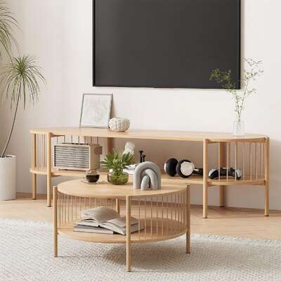 TV Unit Coffee Table Set Pine Storage Shelf | EXTG