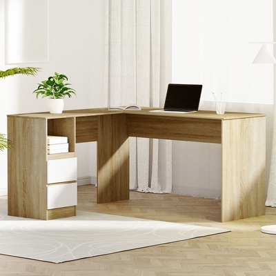 Computer Desk Drawer Cabinet L-Shape Oak 136CM