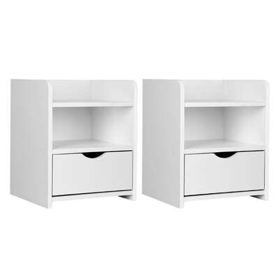 2X Bedside Table 1 Drawer with Shelf - White
