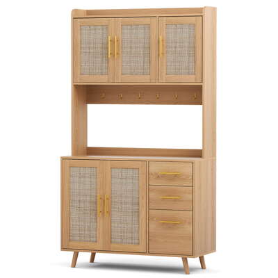  Buffet Sideboard Hutch Storage Cabinet Kitchen Cupboard Hooks Rattan Pine