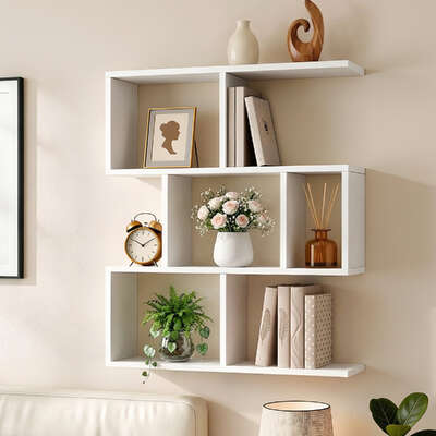 S-Shape Floating Wall Shelf 3-Tier White | EXTG