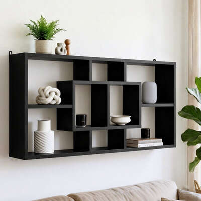 Black Floating Wall Shelf Bookshelf Wooden Storage Display Unit