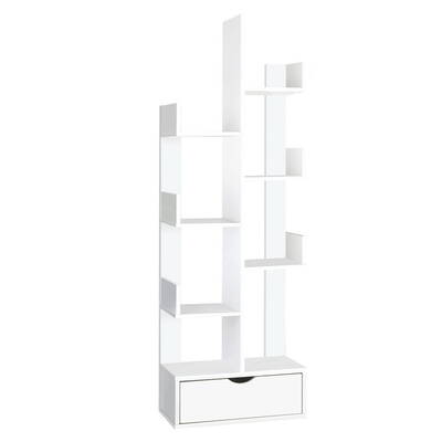 Wooden Tree Storage Display Shelf Bookcase CD Rack Shelving Unit Drawer White