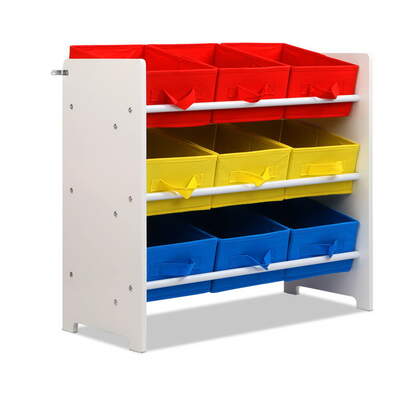 3-Tier 9 Bins Kids Toy Box Organiser Storage Rack Cabinet Wooden Bookcase