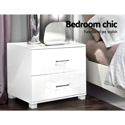 Bedside Table 2 Drawers High Gloss - White