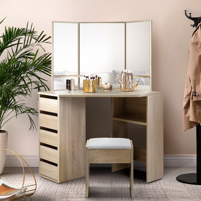 Luxurious Corner Dressing Table Mirror Stool Set Makeup Vanity Desk-Oak