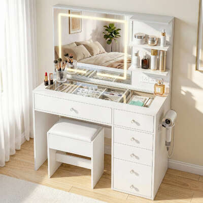 Dressing Table LED Vanity Desk Set with Stool White Makeup Table