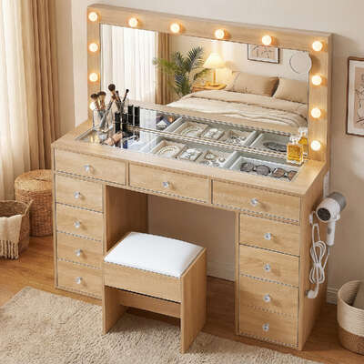 Dressing Table Vanity Desk Set with Stool and LED Bulbs Wood