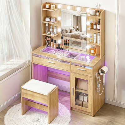 Dressing Table Vanity Desk Set with 10 LED RGB Lights Wood