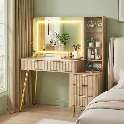 Dressing Table LED Vanity Desk with Charging Station Wood