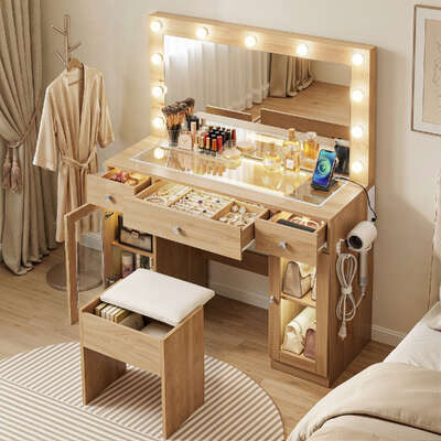 Dressing Table Vanity Desk Set LED Bulbs RGB Light Wood Premium Quality Design Boho Collection