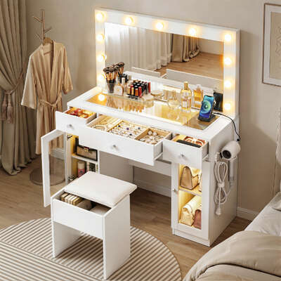 Dressing Table Vanity Desk Set LED Bulbs RGB Light White Premium Quality Design Modern Collection