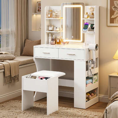 Dressing Table LED Vanity Desk Set Stool White Premium Quality Design