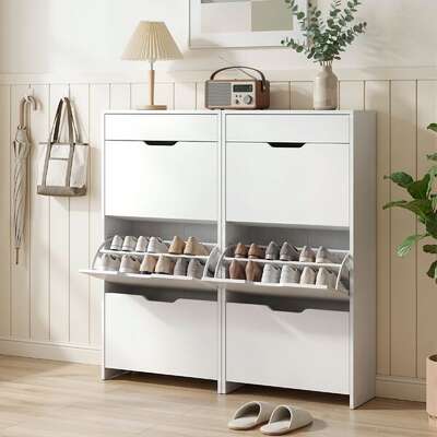 Shoe Cabinet 3 Flip Drawer High Gloss White 2pc | EXTG